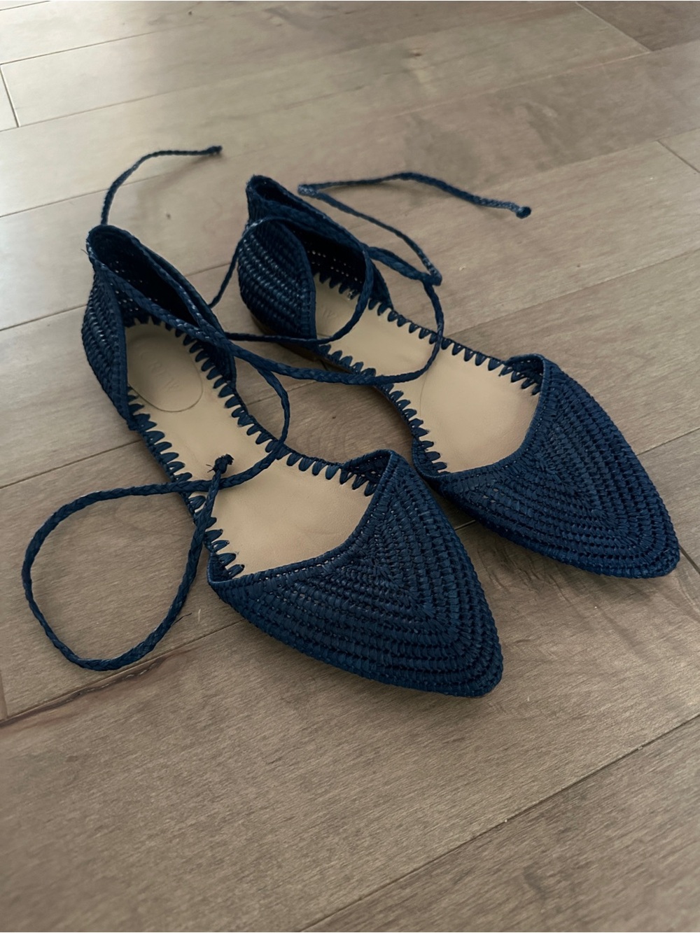 J. Crew Navy Woven Pointed-Toe Lace-Up Flats